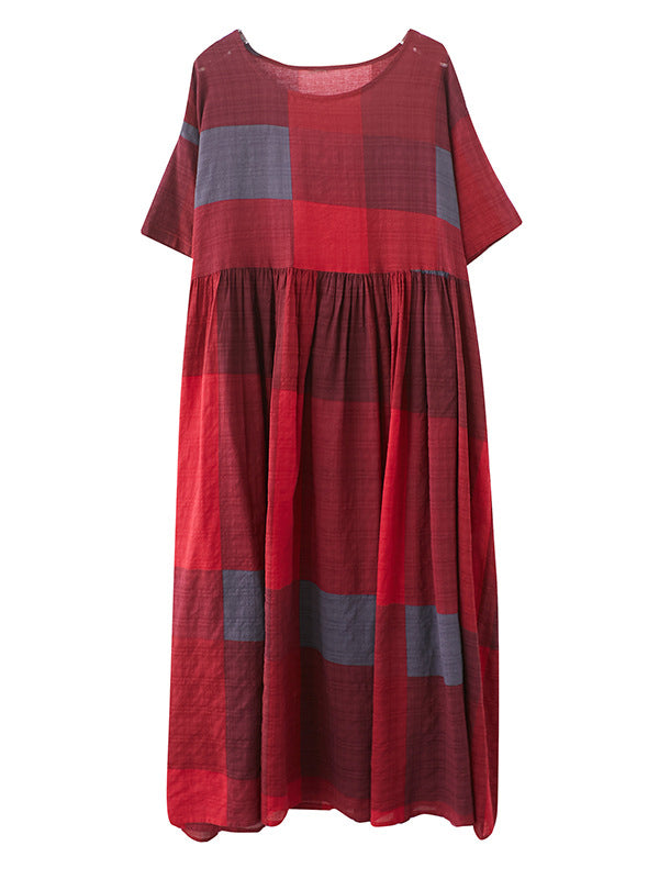 Artistic Retro Loose Color-block Pleated Round-neck Half Sleeves Midi Dress