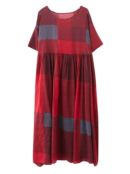Artistic Retro Loose Color-block Pleated Round-neck Half Sleeves Midi Dress