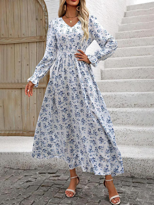 Long Sleeves Loose Elasticity Printed V-neck Maxi Dresses