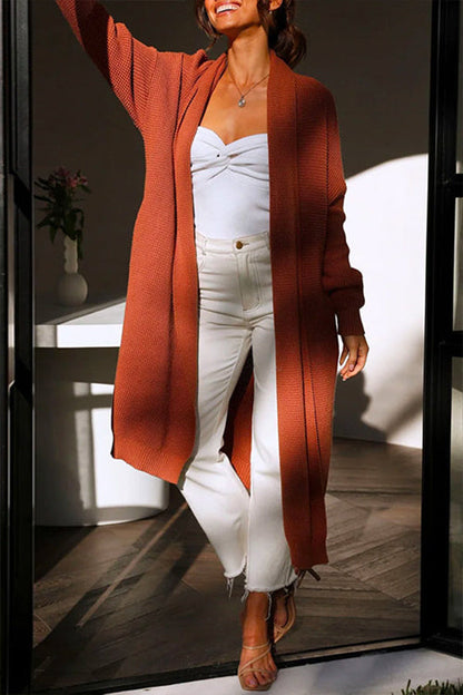 Open Front Drop Shoulder Pocketed Long Sweater Cardigan
