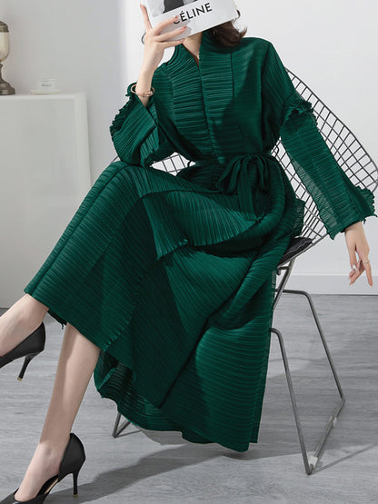 Long Sleeves Loose Tied Pleated Stand Collar Midi Dresses