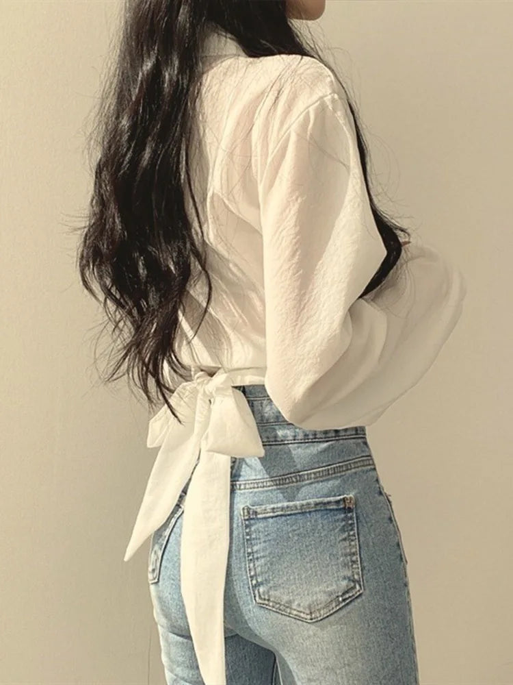 Harajuku Blouse Crop Top Korean Style Trends Black White Long Sleeve Shirt Female Tunic