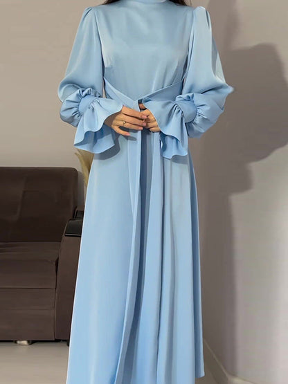A-line Long Sleeves Pleated Color Tied Waist Zipper Mock Neck Maxi Dresses
