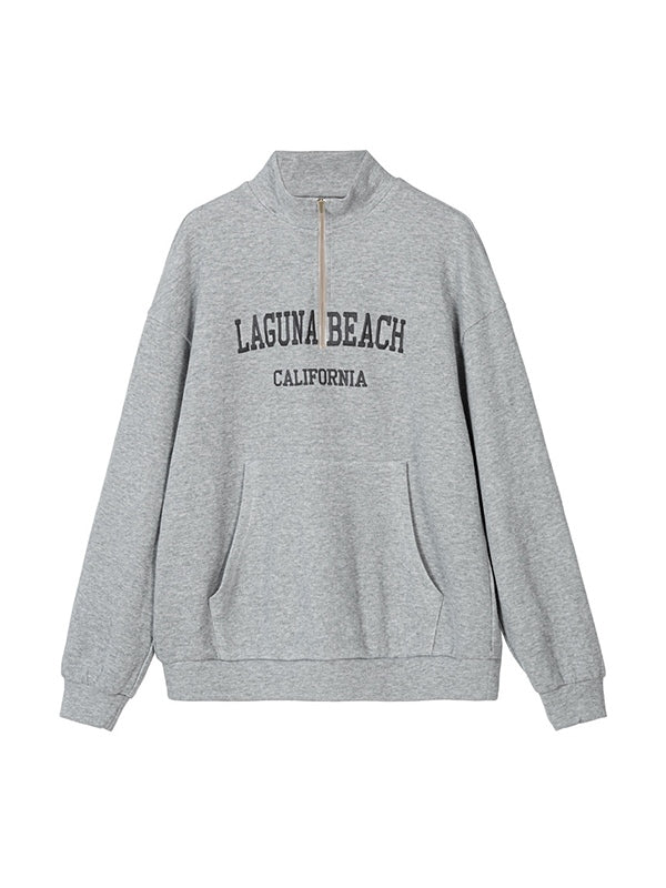 Grey Half Zip Knit Sweatshirt With Letter Embroidery