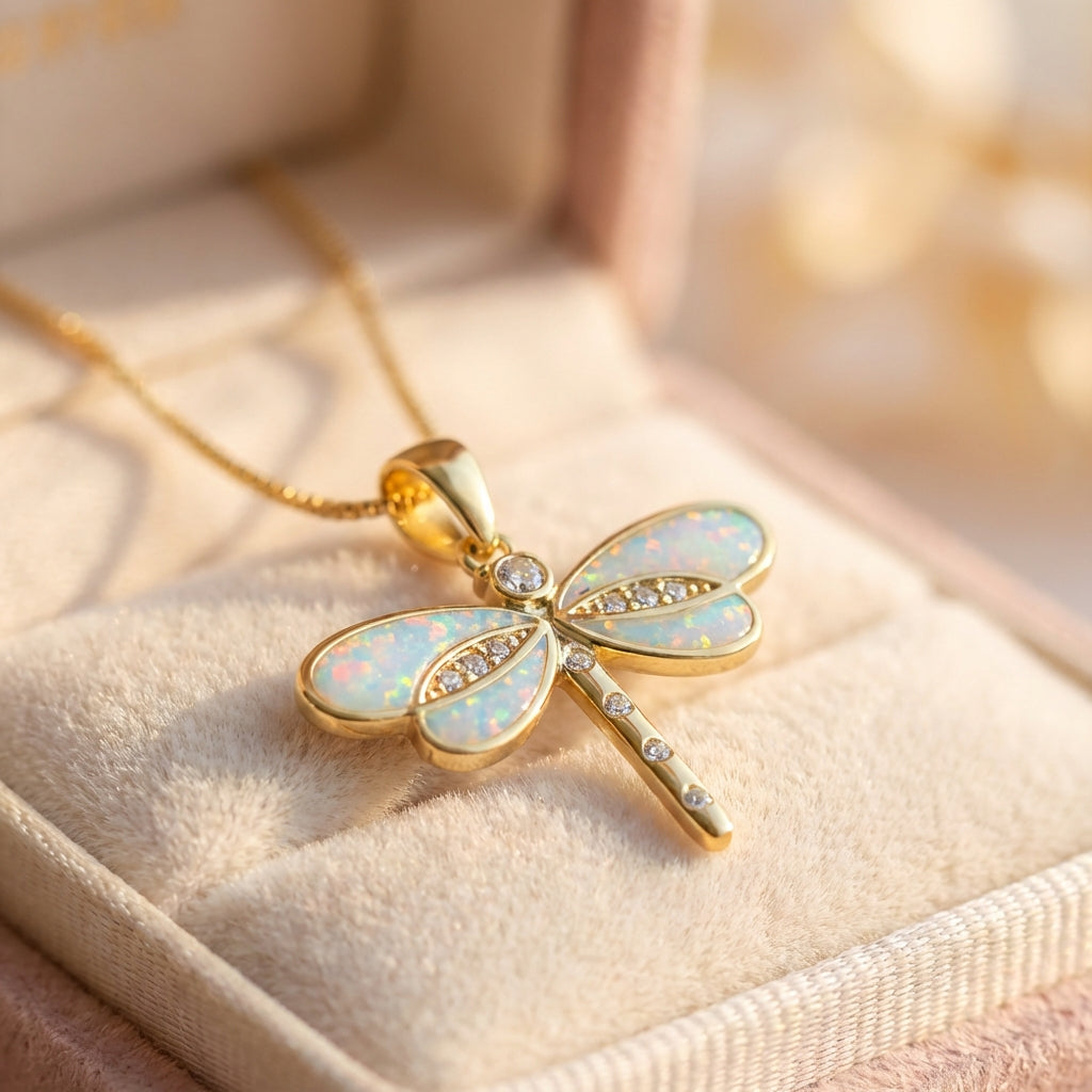Dragonfly Necklace In Gold With Opal