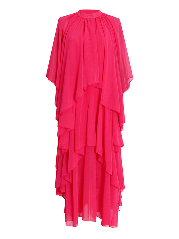 Loose Raglan Sleeve Color Tiered Stand Collar Maxi Dresses