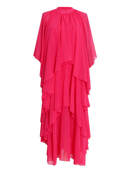 Loose Raglan Sleeve Color Tiered Stand Collar Maxi Dresses