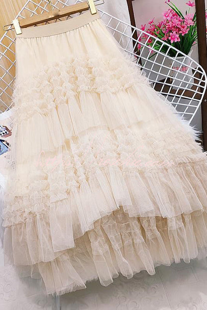 Mood Tulle Pleated Ruffle Elastic Waist Tiered Midi Skirt