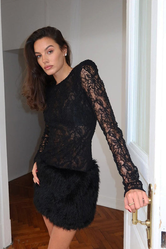 Lace Knit Slim Long Sleeve Mini Dress