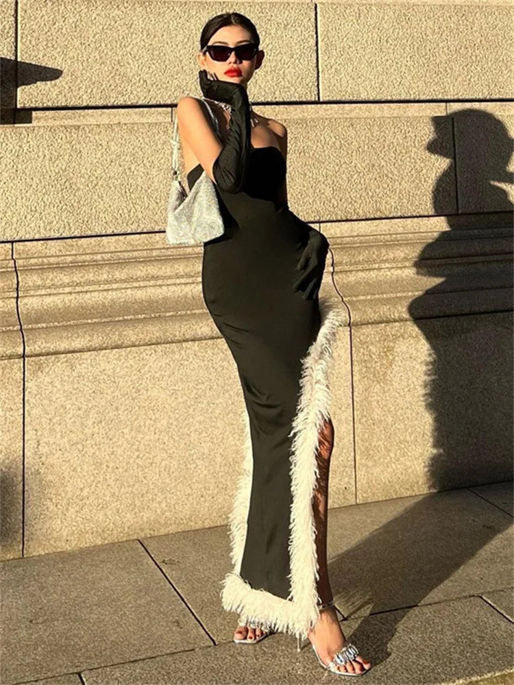 Black Patchwork With Gloves Maxi Dress Female Fur Feather Slim Off-shoulder Side Split Dress Bandeau Long Dress