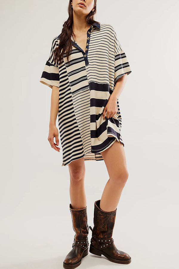 Contrast Striped Patchwork Denim Lapel Loose Mini Dress
