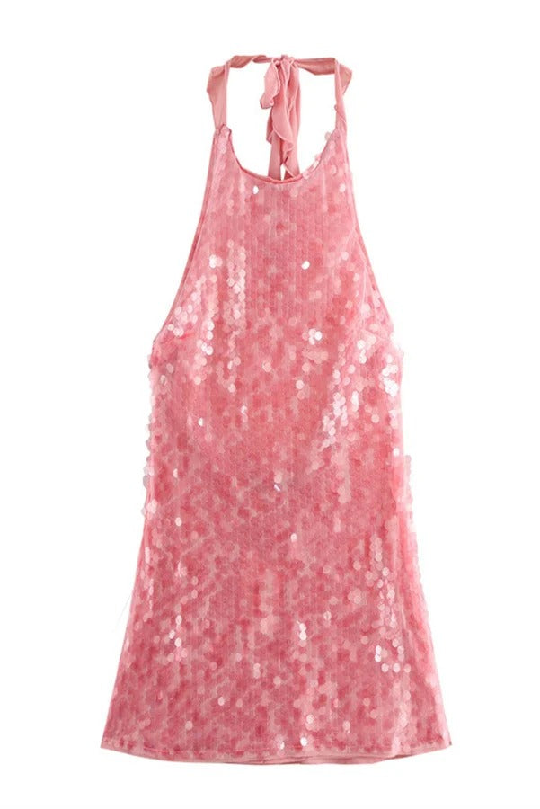 Rose Disc Sequin Halter Backless Mini Dress