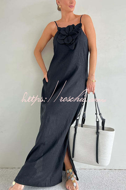 Vacay Ready Linen Blend Embellishment Pocketed Slit Maxi Dress