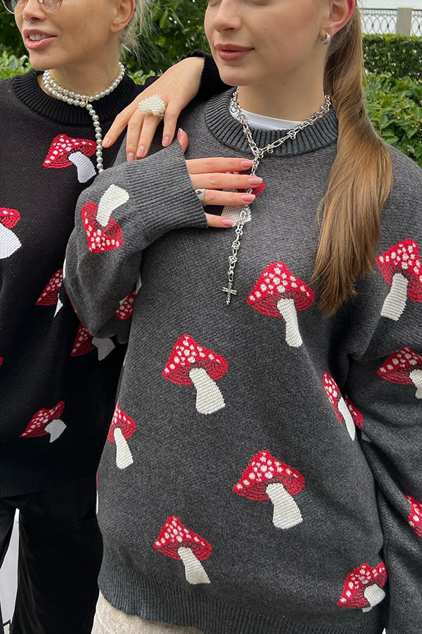 Mushroom Pattern Loose Round Neck Knitted Sweater