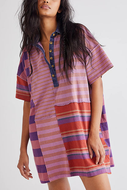 Contrast Striped Patchwork Denim Lapel Loose Mini Dress