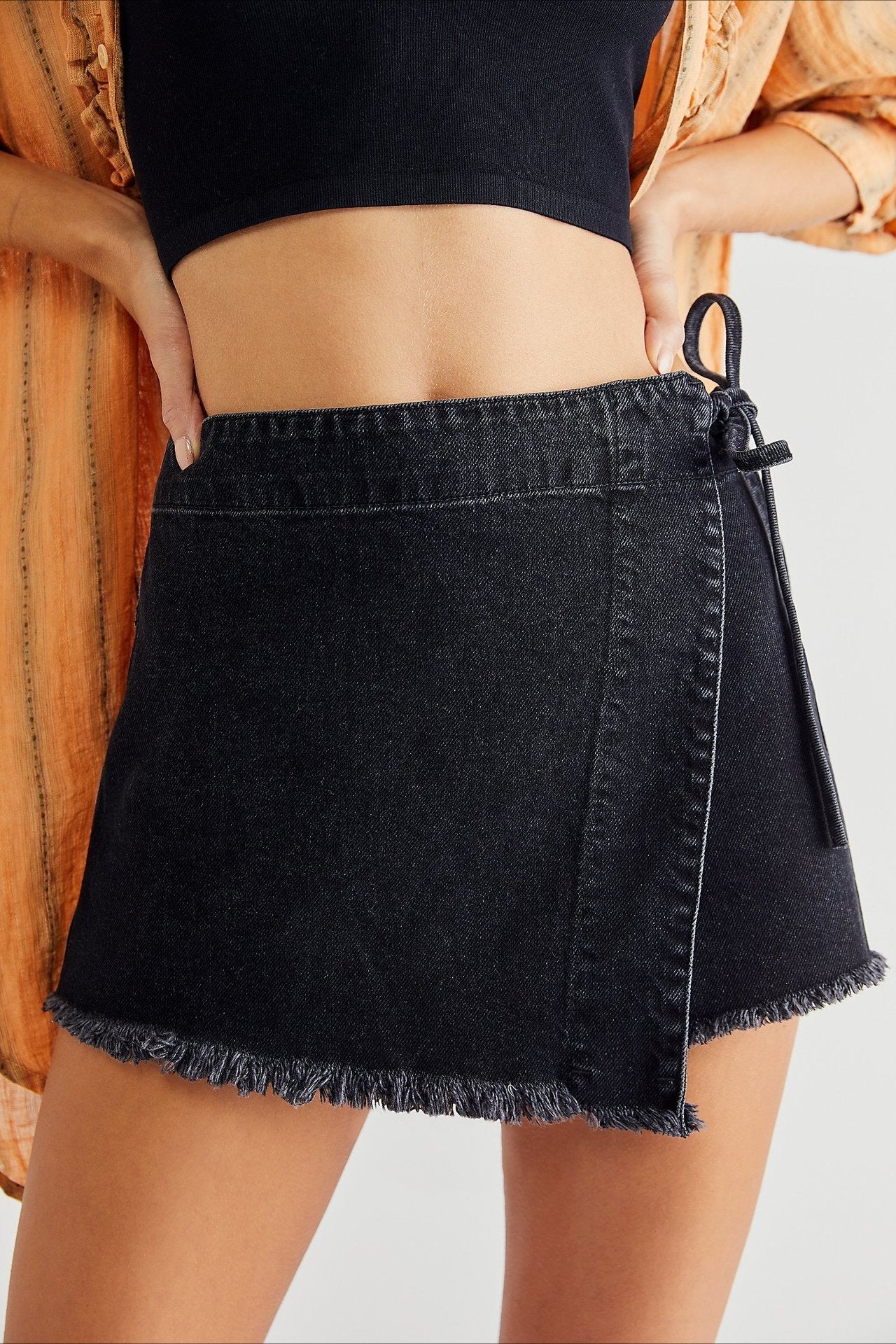 Denim Distressed Hem A-line Skirt