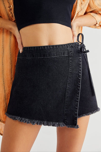 Denim Distressed Hem A-line Skirt