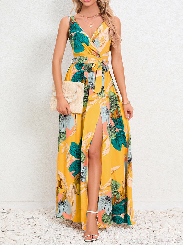 A-line Loose Flower Print Pleated Split-front Tied Waist V-neck Maxi Dresses