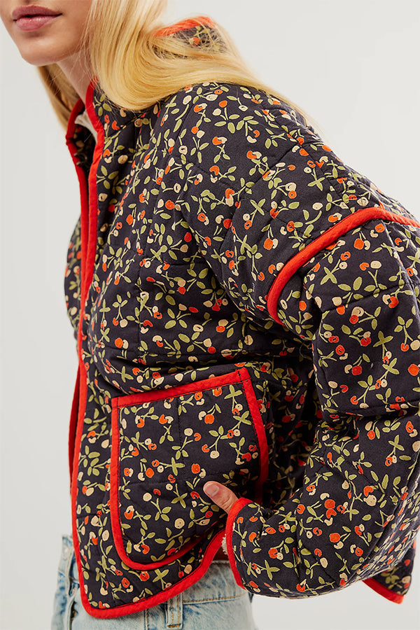 Print Pocket Contrast Concealed Button Cotton Coat