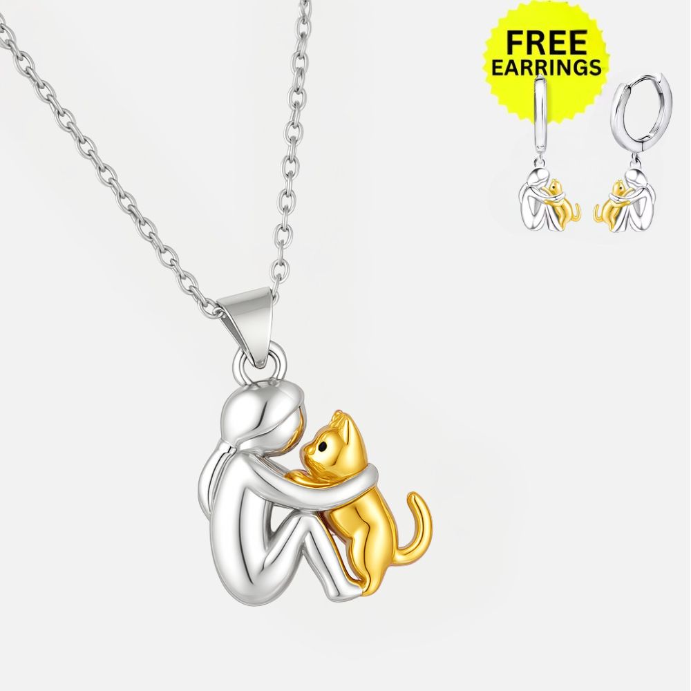 Cat Hug Pendant Necklace With Bonus Earrings – Limited Time Offer