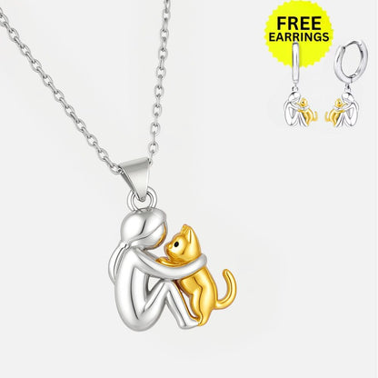 Cat Hug Pendant Necklace With Bonus Earrings – Limited Time Offer