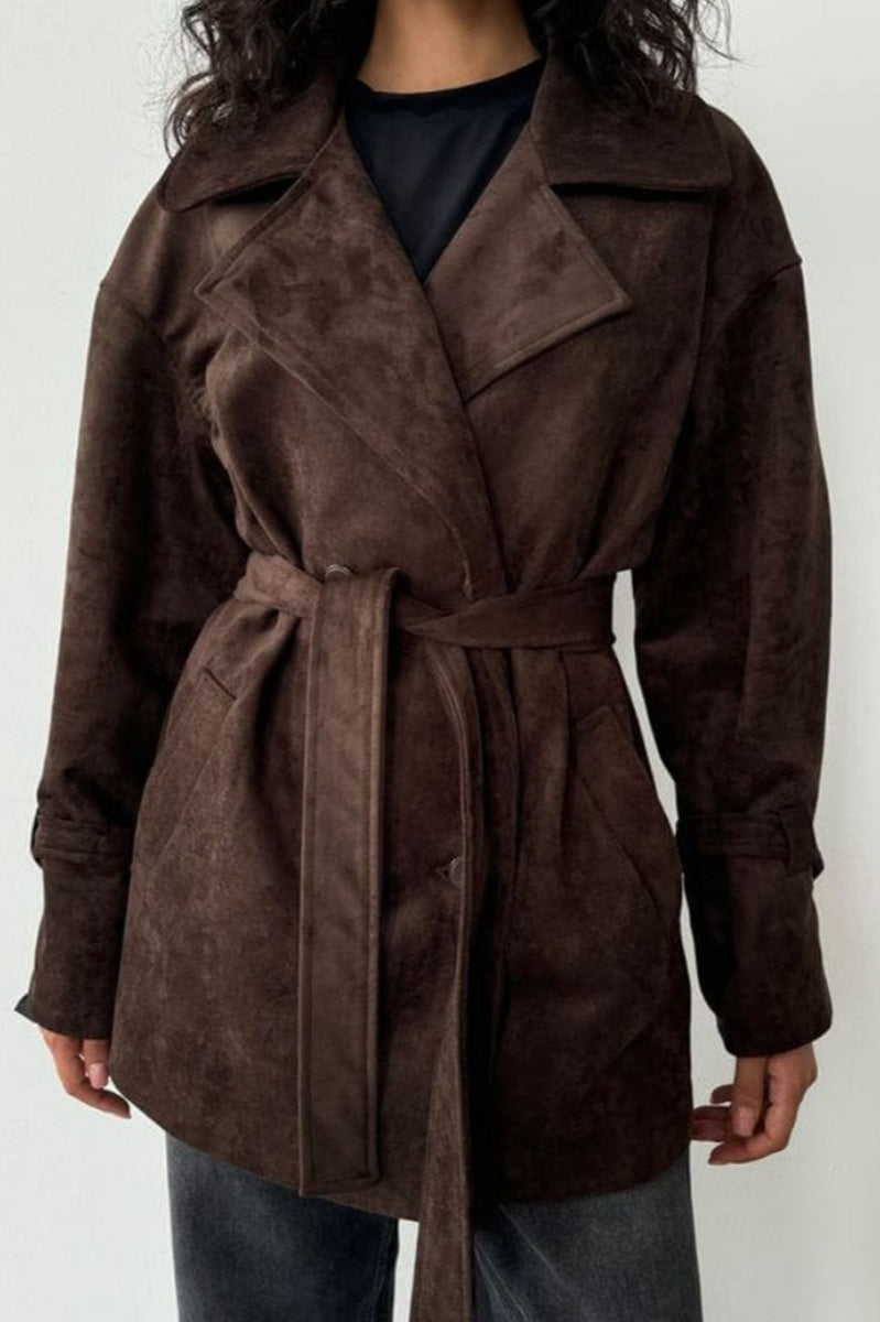 Suede Lapel Tie Waist Jacket Coat