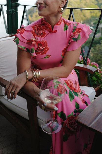 Party Cheongsam Style Rose Print Layered Flared Sleeve Elastic Long Skirt