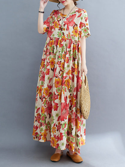 Loose Short Sleeves Pleated Printed Split-joint Round-neck Midi Dresses