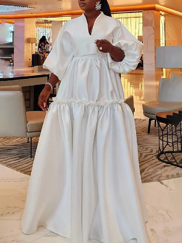 High Waisted Puff Sleeves Falbala Color V-neck Maxi Dresses