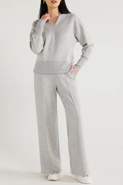 Weather Gets Cold Color V-neck Top and Elastic Waist Pocketed Lounge Pants Set
