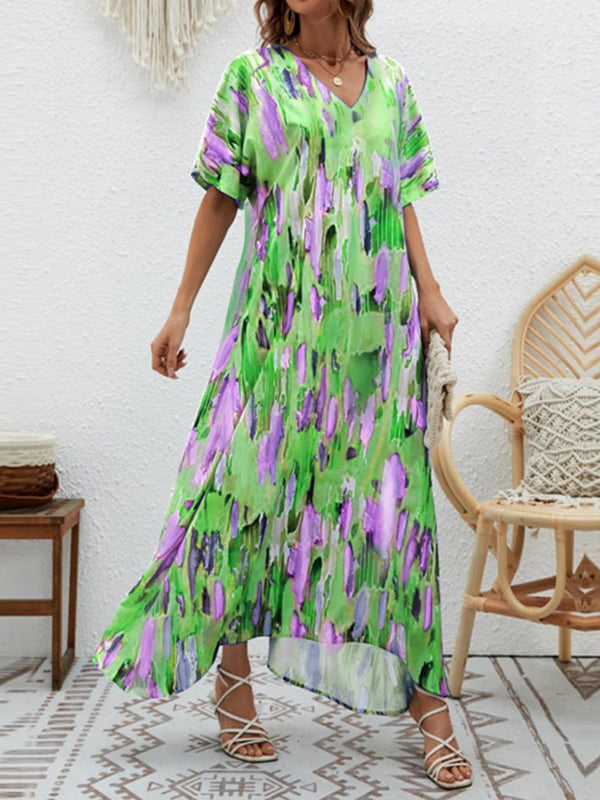 Loose Short Sleeves Contrast Color High-waisted Printed V-neck Maxi Dresses