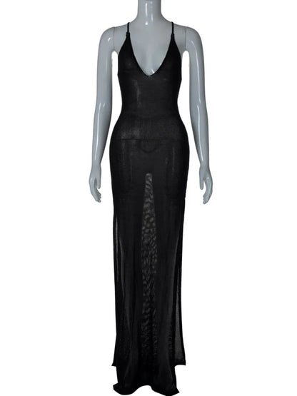 Deep V Neck Backless Maxi Dress Black Spaghetti Strap Sleeveless Side Split Club Party Long Dress Beachwear
