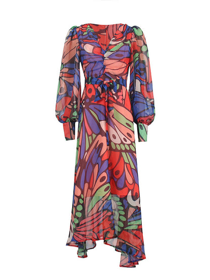 High Waisted Long Sleeves Buttoned Printed Split-joint V-neck Midi Dresses