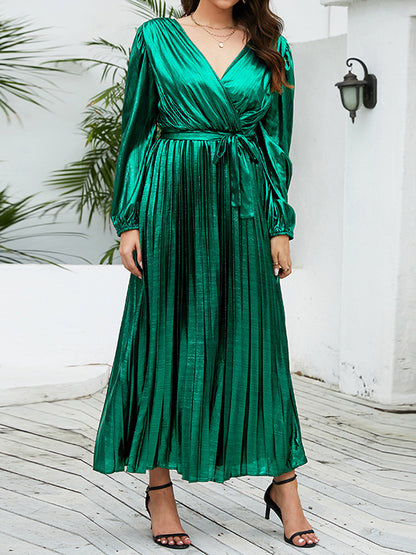 High Waisted Long Sleeves Bronzing Elasticity Pleated Color Tied Waist Deep V-neck Maxi Dresses