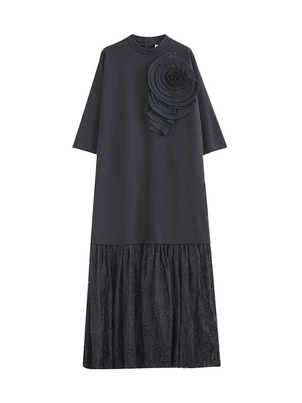 Long Sleeves Loose Color Split-joint Three-dimensional Flower Mock Neck Maxi Dresses