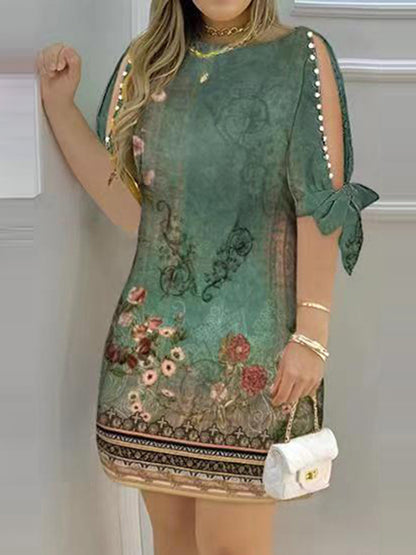 Loose Short Sleeves Hollow Printed Split-joint Round-neck Mini Dresses