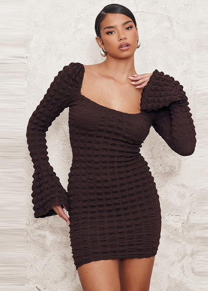 Seersucker Flared Sleeve Dress With Hollow Chest