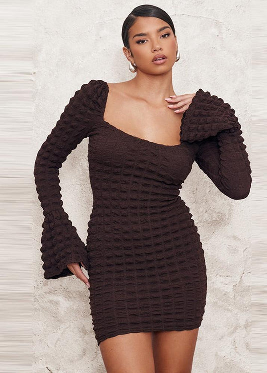 Seersucker Flared Sleeve Dress With Hollow Chest