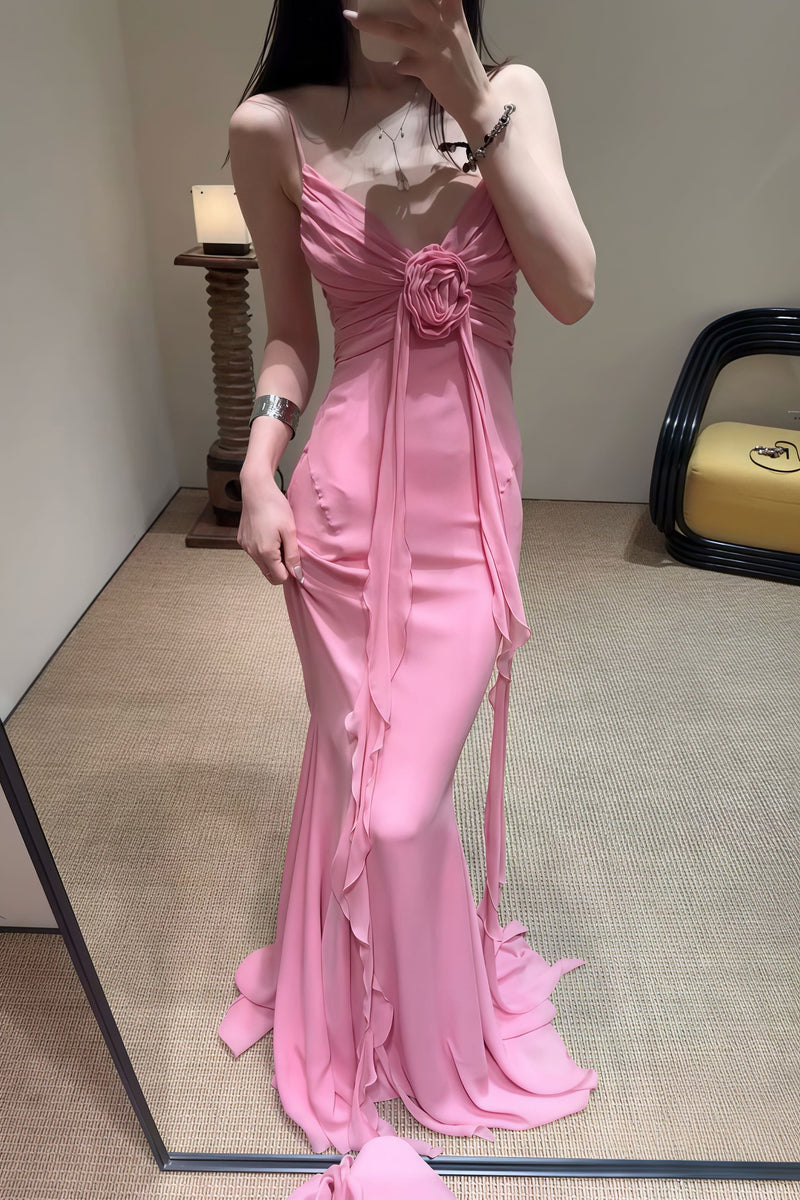 3d Rose Flowy Spaghetti Strap Backless Maxi Dress