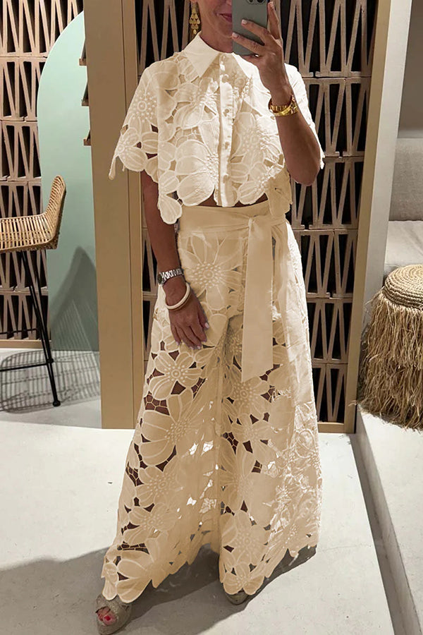 Redefining Elegance Lace Cropped Shirt and Belt Pocketed Wide Leg Pants Set
