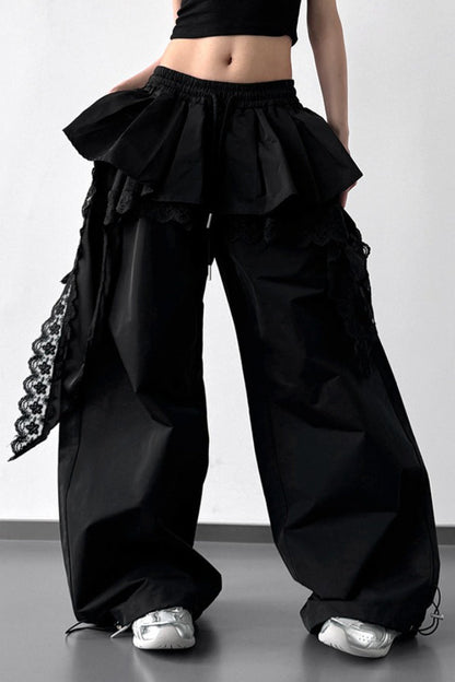 Lace Skirt Hem Trim Wide Leg Pants