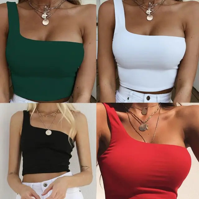 Lady Female One Shoulder Crop Tops Sleeveless T-shirt Tank Tops Summer Beach Vest Bare Midriff Summer Clothes