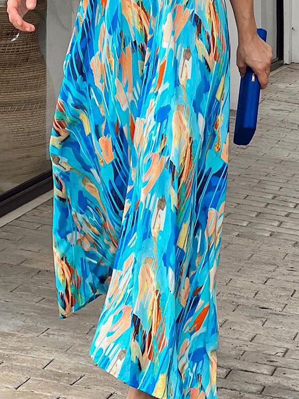 Loose Short Sleeves Multi-colored Printed V-neck Maxi Dresses
