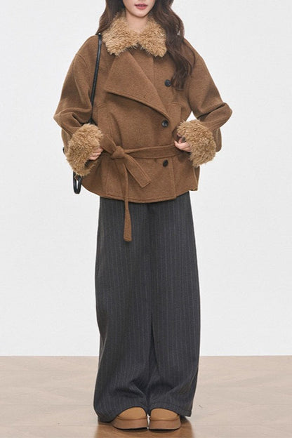 Petite Faux Fur Collar Thick Wool Blend Coat