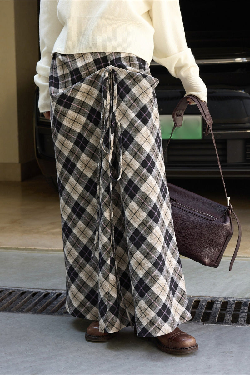Asymmetric Color Block Plaid Midi Skirt