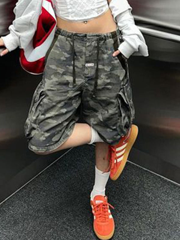 2000s Camouflage Drawstring Denim Shorts With Three Dimensional Pocket