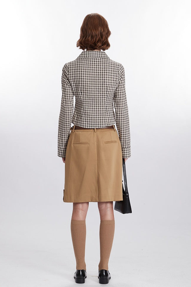 Plaid Ruched Long-sleeve Blouse