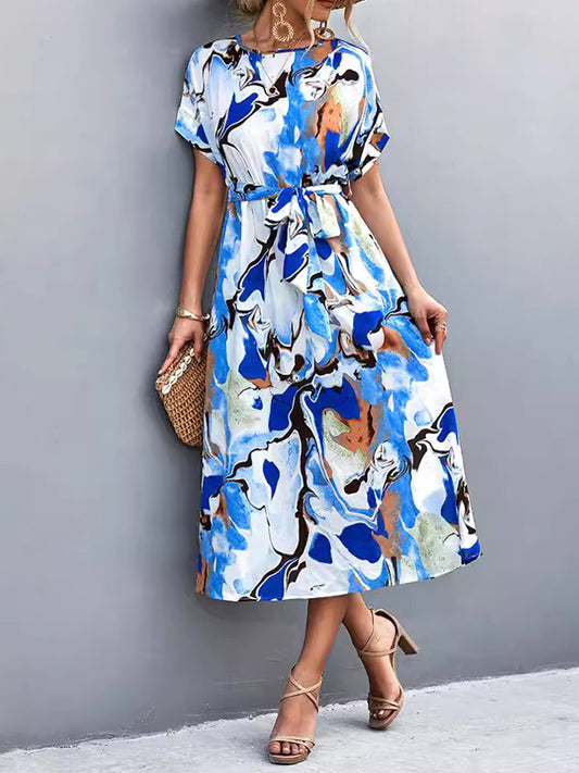 A-line Loose Hollow Printed Tied Waist Round-neck Midi Dresses