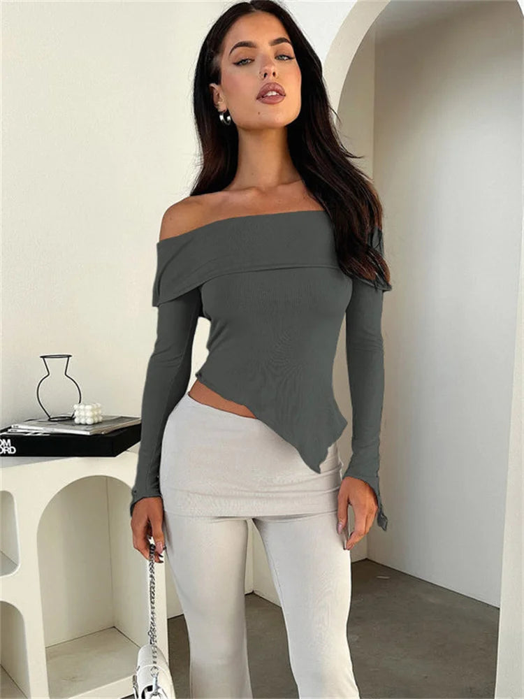 Off-shoulder Ribbed Slim Crop Top Tee Long Sleeve Patchwork Y2k Top Female T-shirt