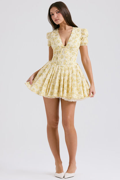 Buttercup Print Pleated Cotton Mini Dress